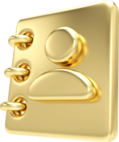 Gold Address book icon. 3d contact note. Phone book, contacts book or notebook. Contact information, business partners, digital communication concept. 3d rendering png