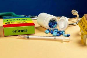 Fake medicine box with the name of the disease Coracao and a glucometer. photo