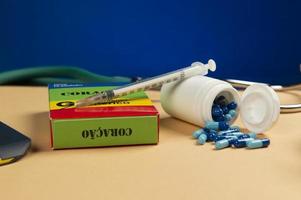 Fake medicine box with the name of the disease Coracao and a glucometer. photo