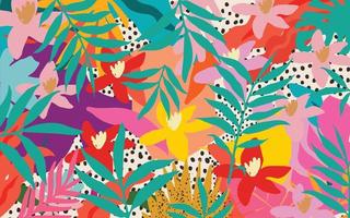 lindo jardín flores y hojas patrón de colores. Ilustración de vector de fondo de naturaleza de arte abstracto. diseño botánico para pancartas, arte mural, tarjetas, estampados y telas