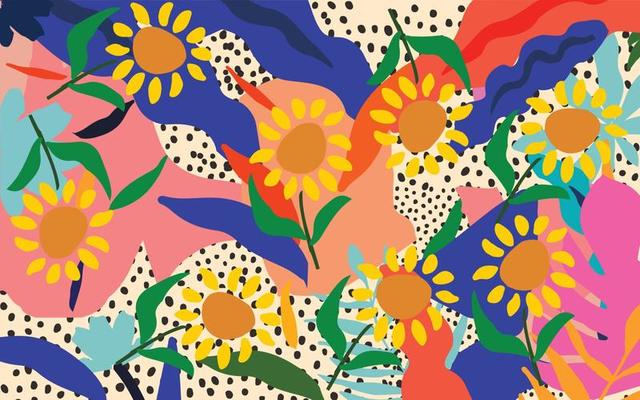 Cute sunflowers and leaves colorful pattern. Abstract art nature background vector illustration. Botanical design for banner, wall art, cards, prints and fabrics