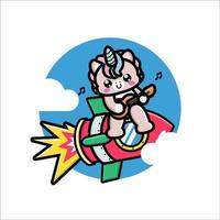 Cute unicorn playing guitar on the rocket vector