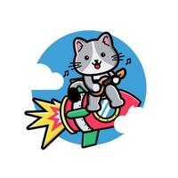 Cute cat playing guitar on the rocket vector