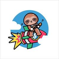 Cute sloth playing guitar on the rocket vector