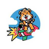 Cute tiger playing guitar on the rocket vector