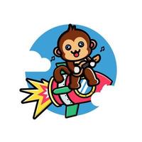 Cute monkey playing guitar on the rocket vector