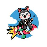 Cute husky playing guitar on the rocket vector