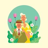 pareja de ancianos en un jardín de flores vector