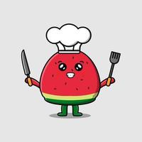 Cute cartoon watermelon chef hold knife and fork vector