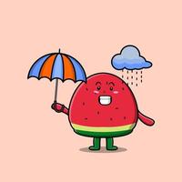 linda sandía de dibujos animados bajo la lluvia y usando paraguas vector