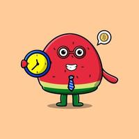 Cute cartoon watermelon character holding clock vector