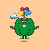 lindo cactus de dibujos animados está saltando en paracaídas con globo vector