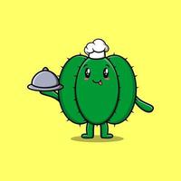 Cute dibujos animados chef cactus sirviendo comida en bandeja vector