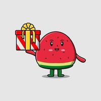 Cute cartoon watermelon character holding gift box vector