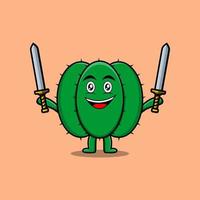 lindo personaje de cactus de dibujos animados con dos espadas vector