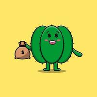 lindo cactus rico loco de dibujos animados con bolsa de dinero vector