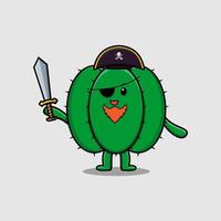 cartoon cactus pirate with hat and holding sword vector