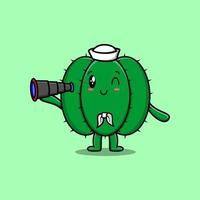 cartoon cactus sailor with hat and using binocular vector