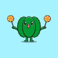 Cute cartoon cactus holding lollipop candy vector