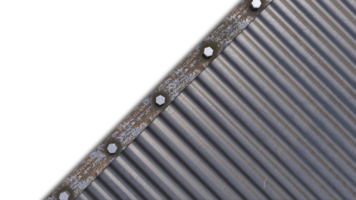 A 3d rendering image of a rust steel frame on old metal sheet wall and roof panel png