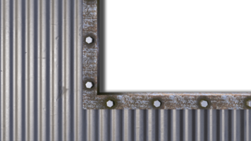 A 3d rendering image of a rust steel frame on old metal sheet wall and roof panel png