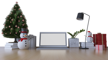 maquete de renderização 3ds de árvore de natal e homem de neve em cima da mesa png