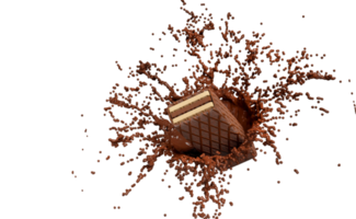 Salpicadura de chocolate caliente 3d con palitos de oblea crujientes aislados. publicidad para embalaje, ilustración 3d png