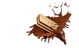 Palitos de oblea crujientes 3d con remolino de salpicaduras de chocolate caliente aislado. publicidad para embalaje, ilustración 3d png