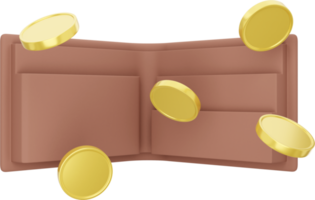 Open wallet with flying coins. PNG icon on transparent background.