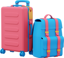 Travel suitcase on wheels and travel backpack. PNG icon on transparent background. 3D rendering.