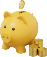 Yellow piggy bank, dropping coins, stacks of money. PNG icon on transparent background. 3D rendering.