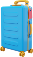 Travel blue suitcase on wheels with a handle. PNG icon on transparent background. 3D rendering.