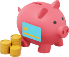 Pink piggy bank, stacks of coins and credit card. PNG icon on transparent background. 3D rendering.