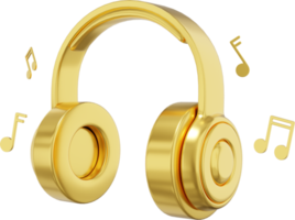 Wireless headphones and flying music notes side view. Gold PNG icon on a transparent background. 3D rendering.