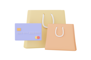 Tarjeta de crédito 3d con bolsa de compras. concepto de pago en línea de compras de finanzas con tarjeta de crédito de débito. representación 3d png