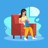 A Girl Knitting on Sofa vector