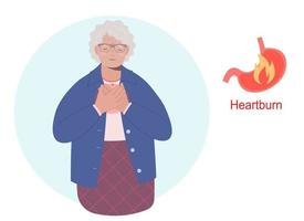 Elderly woman having a heartburn or stomach problem and suffering for this. vector