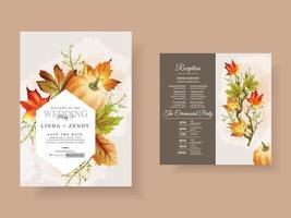 plantilla de tarjeta de invitación de boda de otoño con champiñones y calabazas y hojas vector