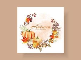 autumn greetings card with mushroom and pumpkins and leaves vector