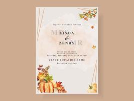 plantilla de tarjeta de invitación de boda de otoño con champiñones y calabazas y hojas vector