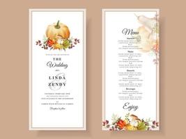 plantilla de tarjeta de invitación de boda de otoño con champiñones y calabazas y hojas vector