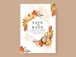 plantilla de tarjeta de invitación de boda de otoño con champiñones y calabazas y hojas vector