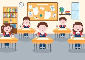 Primary School with Cute Little Students Studying in the Classroom in Hand Drawn Flat Cartoon Illustration Template vector
