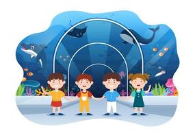 Aquarium Template Hand Drawn Cartoon Flat Illustration with Kids Looking at Underwater Fish, Sea Animals Variety, Marine Flora and Fauna vector