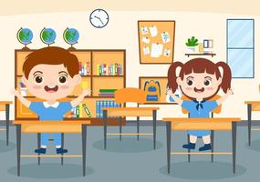 Primary School with Cute Little Students Studying in the Classroom in Hand Drawn Flat Cartoon Illustration Template vector