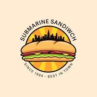 urban submarine sandwich logo badge vector illustration with metropolis city silhouette, downtown submarine sandwich logo