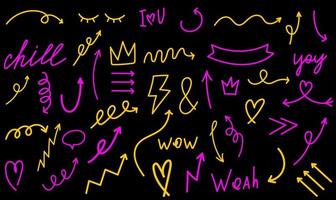 Hand Drawn big set of doodle pink and yellow arrows and graphic elements on black background. Vector doodle line arrows and letterings, hearts, speech bubbles