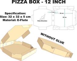 Caja de pizza muy chula. además de su forma atractiva, esta caja también es muy simple y fácil de montar sin usar pegamento. esta caja también se puede usar para envasar pasteles, panes y bocadillos. vector