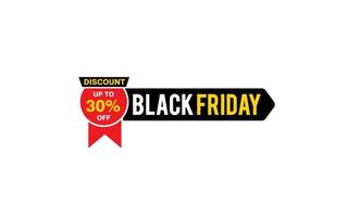 Oferta de viernes negro de 30 por ciento de descuento, liquidación, diseño de banner de promoción con estilo de etiqueta. vector