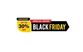 Oferta de viernes negro de 30 por ciento de descuento, liquidación, diseño de banner de promoción con estilo de etiqueta. vector